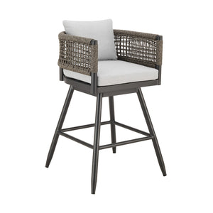 HomeRoots 30" Stylish Black & Light Gray Aluminum Swivel Bar Chair with Rope-Back & Cushions for Outdoors 571165