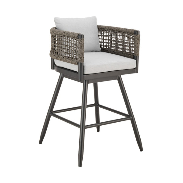 HomeRoots 30" Stylish Black & Light Gray Aluminum Swivel Bar Chair with Rope-Back & Cushions for Outdoors 571165