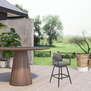 Homeroots 34" Dark Gray Metal Swivel Low Back Outdoor Counter Height Bar Chair With Footrest   571166