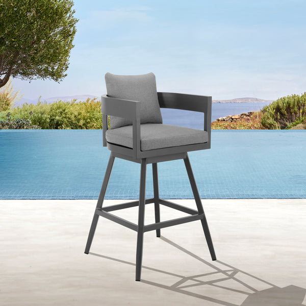 Homeroots 39" Dark Gray Metal Swivel Low Back Outdoor Bar Height Chair With Footrest   571167