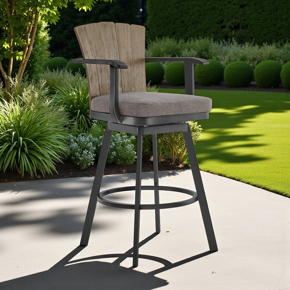 HomeRoots 44" Charcoal Metal Swivel Bar Height Chair with Footrest – Modern Comfort for Outdoor Spaces! 571169
