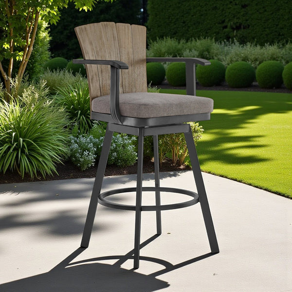 HomeRoots 44" Charcoal Metal Swivel Bar Height Chair with Footrest – Modern Comfort for Outdoor Spaces! 571169