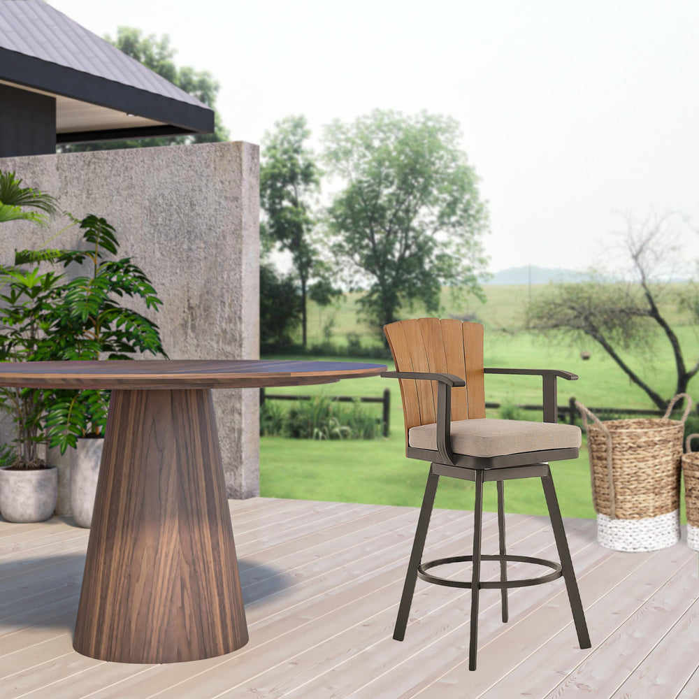 Homeroots 44" Brown Metal Swivel Outdoor Bar Height Chair With Footrest   571171