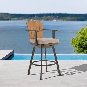 Homeroots 44" Brown Metal Swivel Outdoor Bar Height Chair With Footrest   571171