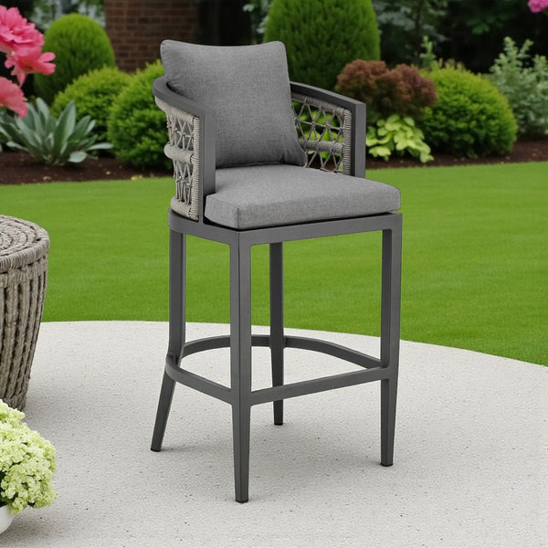 HomeRoots 37" Gray Metal Outdoor Bar Chair – Modern Counter Height with Cushions, Footrest & Ergonomic Design 571174