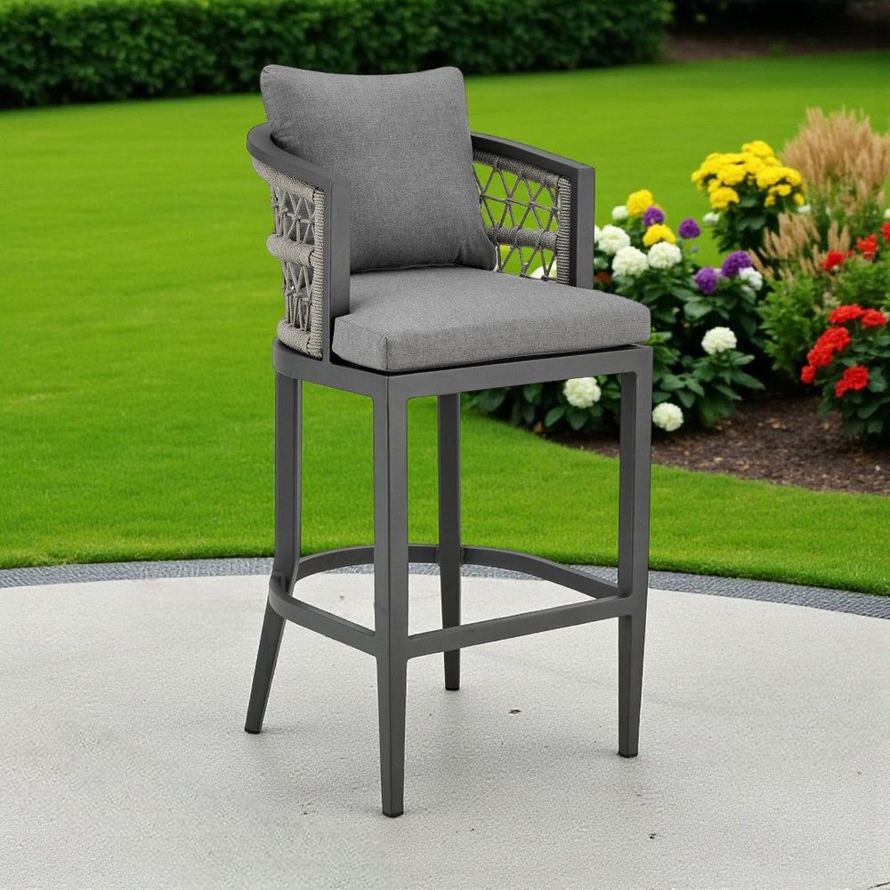 HomeRoots 40" Gray Metal Outdoor Bar Chair - Stylish Comfort with Footrest, Cushions & Durable Design for Patios 571175