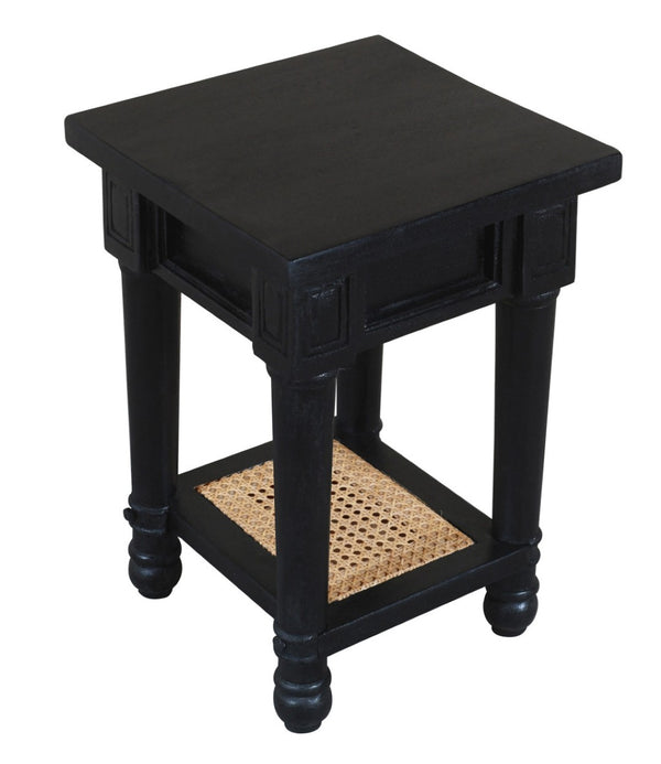 HomeRoots 20" Handcrafted Black & Natural Solid Wood Cane End Table with Shelf - Rustic Modern Charm & Versatile Design 571189