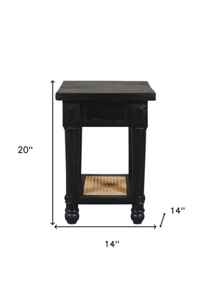 HomeRoots 20" Handcrafted Black & Natural Solid Wood Cane End Table with Shelf - Rustic Modern Charm & Versatile Design 571189
