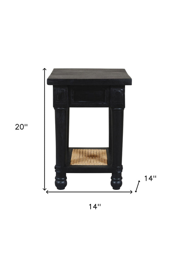 HomeRoots 20" Handcrafted Black & Natural Solid Wood Cane End Table with Shelf - Rustic Modern Charm & Versatile Design 571189