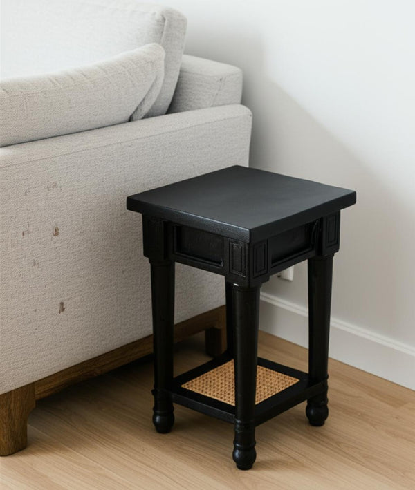 HomeRoots 20" Handcrafted Black & Natural Solid Wood Cane End Table with Shelf - Rustic Modern Charm & Versatile Design 571189