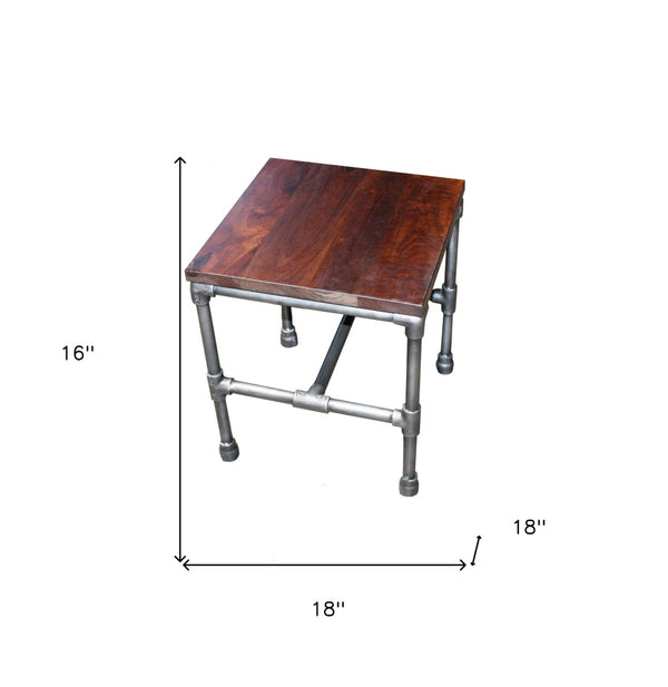 HomeRoots 16" Rustic Brown Mango Wood and Silver Iron Square End Table - Handcrafted Vintage Charm for Any Space 571190