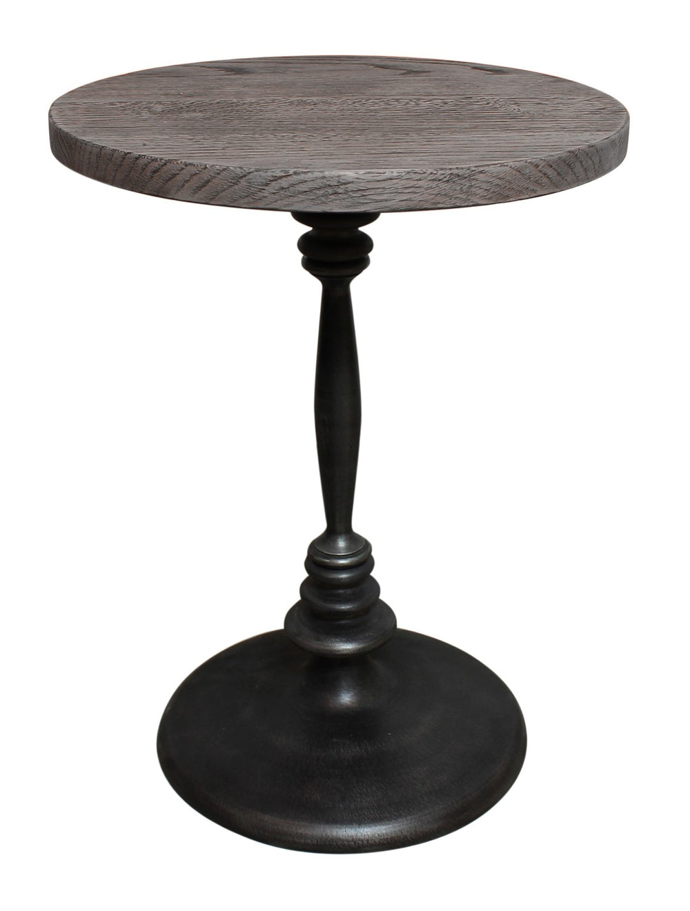 HomeRoots 21" Rustic Distressed Solid Oak & Black Iron Round Pedestal End Table - Versatile, Durable Charm 571191