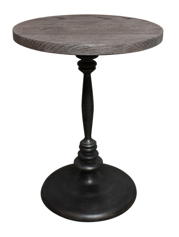 HomeRoots 21" Rustic Distressed Solid Oak & Black Iron Round Pedestal End Table - Versatile, Durable Charm 571191