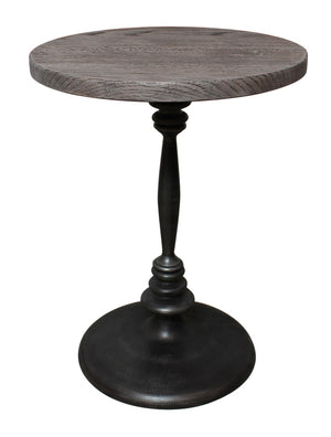 HomeRoots 21" Rustic Distressed Solid Oak & Black Iron Round Pedestal End Table - Versatile, Durable Charm 571191