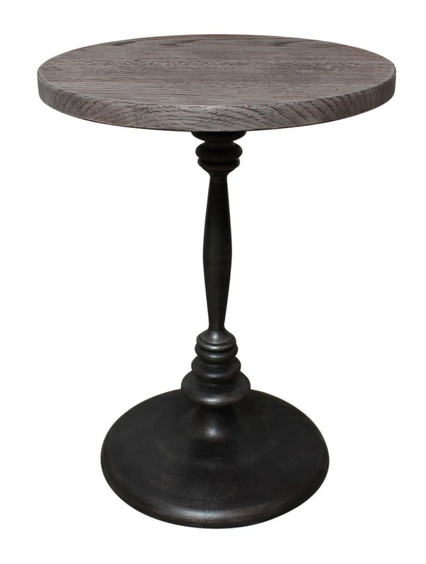 HomeRoots 21" Rustic Distressed Solid Oak & Black Iron Round Pedestal End Table - Versatile, Durable Charm 571191