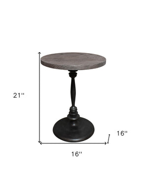 HomeRoots 21" Rustic Distressed Solid Oak & Black Iron Round Pedestal End Table - Versatile, Durable Charm 571191