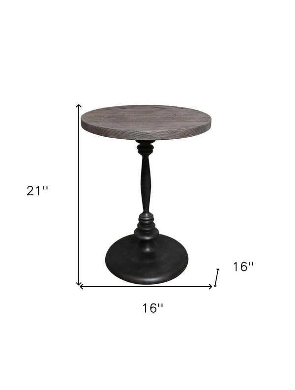 HomeRoots 21" Rustic Distressed Solid Oak & Black Iron Round Pedestal End Table - Versatile, Durable Charm 571191