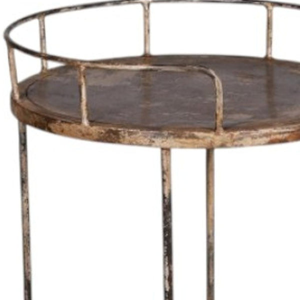 HomeRoots 18" Brown Iron Distressed Round Rolling Bar Cart - Stylish Compact Multi-Functional Entertaining Solution 571192