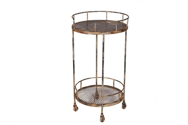 HomeRoots 18" Brown Iron Distressed Round Rolling Bar Cart - Stylish Compact Multi-Functional Entertaining Solution 571192