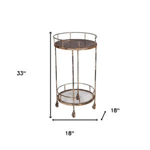 HomeRoots 18" Brown Iron Distressed Round Rolling Bar Cart - Stylish Compact Multi-Functional Entertaining Solution 571192