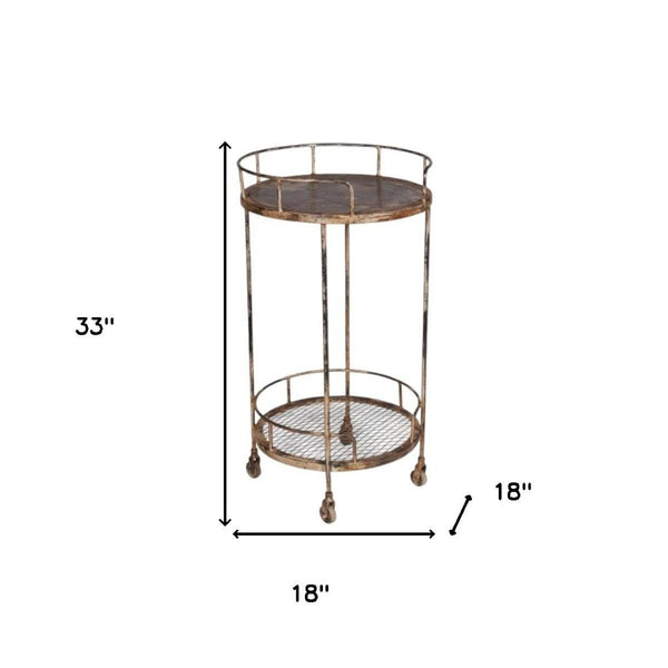 HomeRoots 18" Brown Iron Distressed Round Rolling Bar Cart - Stylish Compact Multi-Functional Entertaining Solution 571192