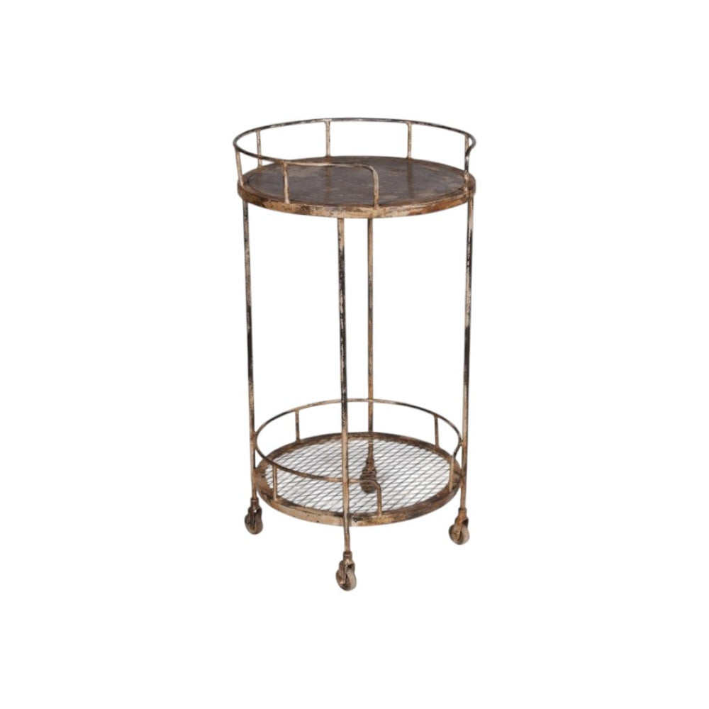 HomeRoots 18" Brown Iron Distressed Round Rolling Bar Cart - Stylish Compact Multi-Functional Entertaining Solution 571192