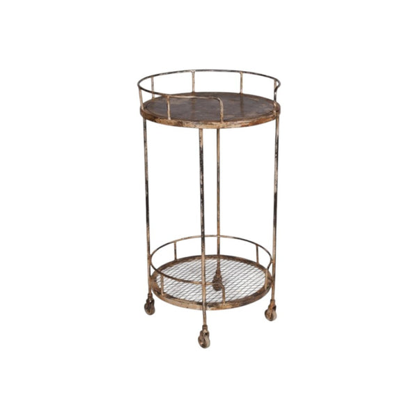 HomeRoots 18" Brown Iron Distressed Round Rolling Bar Cart - Stylish Compact Multi-Functional Entertaining Solution 571192