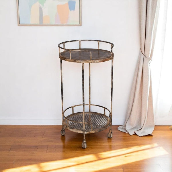 HomeRoots 18" Brown Iron Distressed Round Rolling Bar Cart - Stylish Compact Multi-Functional Entertaining Solution 571192