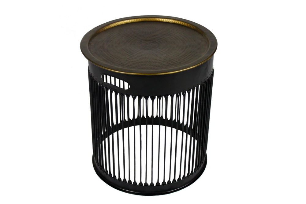 HomeRoots 22" Industrial Brass Iron Round Drum End Table - Modern Accent for Living Room & Bedroom Decor 571193