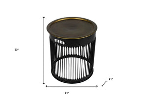 HomeRoots 22" Industrial Brass Iron Round Drum End Table - Modern Accent for Living Room & Bedroom Decor 571193