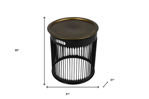 HomeRoots 22" Industrial Brass Iron Round Drum End Table - Modern Accent for Living Room & Bedroom Decor 571193