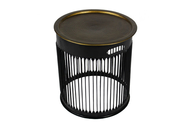 HomeRoots 22" Industrial Brass Iron Round Drum End Table - Modern Accent for Living Room & Bedroom Decor 571193