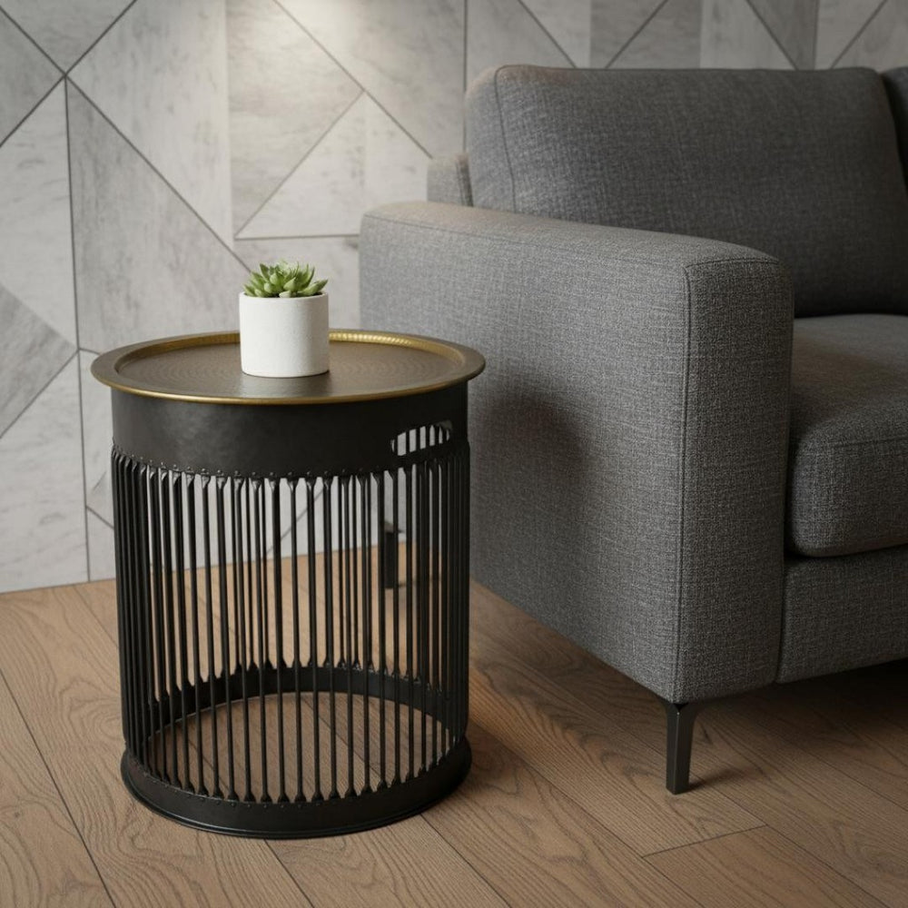 HomeRoots 22" Industrial Brass Iron Round Drum End Table - Modern Accent for Living Room & Bedroom Decor 571193