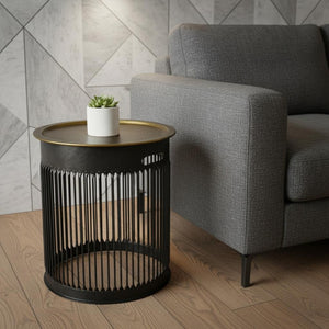 HomeRoots 22" Industrial Brass Iron Round Drum End Table - Modern Accent for Living Room & Bedroom Decor 571193