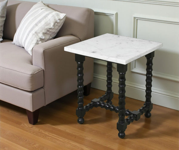 HomeRoots 24" Elegant White Marble & Black Mango Wood Square Trestle End Table - Vintage Charm & Versatile Use 571197