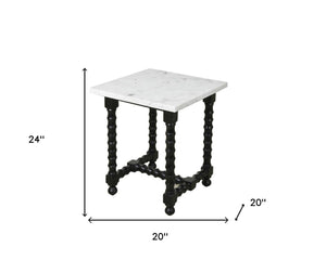 HomeRoots 24" Elegant White Marble & Black Mango Wood Square Trestle End Table - Vintage Charm & Versatile Use 571197