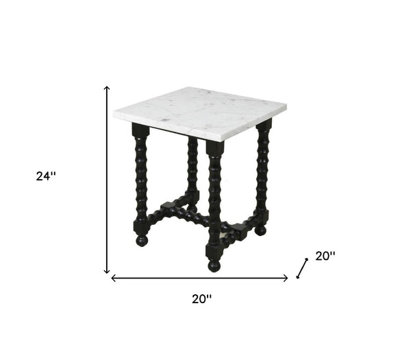 HomeRoots 24" Elegant White Marble & Black Mango Wood Square Trestle End Table - Vintage Charm & Versatile Use 571197