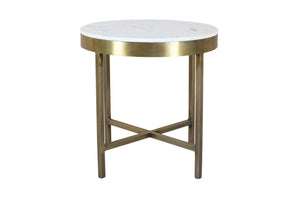HomeRoots 20" Ivory Marble and Rustic Brass Iron End Table with Cross-Leg Design for Modern Spaces 571198