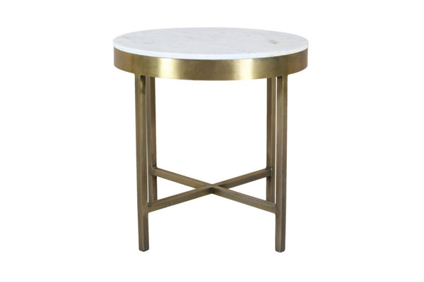 HomeRoots 20" Ivory Marble and Rustic Brass Iron End Table with Cross-Leg Design for Modern Spaces 571198