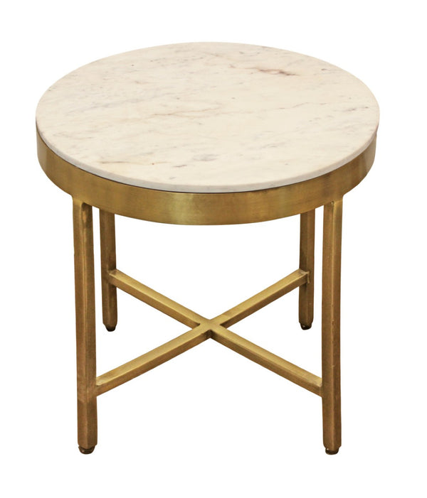 HomeRoots 20" Ivory Marble and Rustic Brass Iron End Table with Cross-Leg Design for Modern Spaces 571198