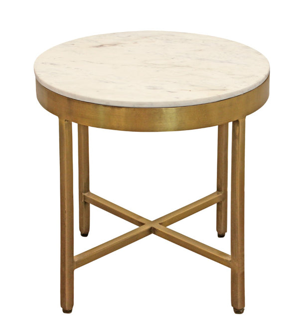 HomeRoots 20" Ivory Marble and Rustic Brass Iron End Table with Cross-Leg Design for Modern Spaces 571198