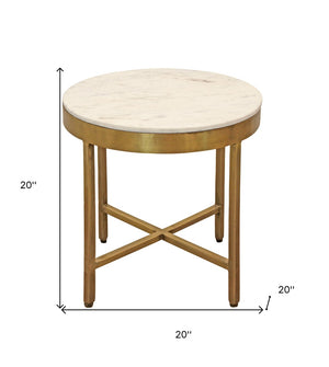 HomeRoots 20" Ivory Marble and Rustic Brass Iron End Table with Cross-Leg Design for Modern Spaces 571198