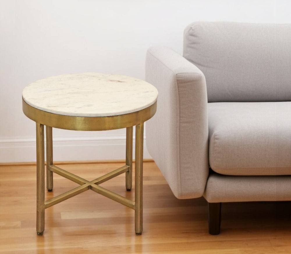 HomeRoots 20" Ivory Marble and Rustic Brass Iron End Table with Cross-Leg Design for Modern Spaces 571198