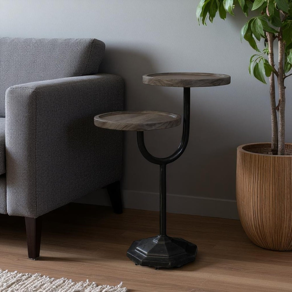 HomeRoots 19" Rustic Round Double Tray End Table with Solid Wood Top and Durable Black Iron Base for Versatile Use 571199