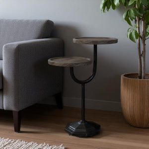 HomeRoots 19" Rustic Round Double Tray End Table with Solid Wood Top and Durable Black Iron Base for Versatile Use 571199