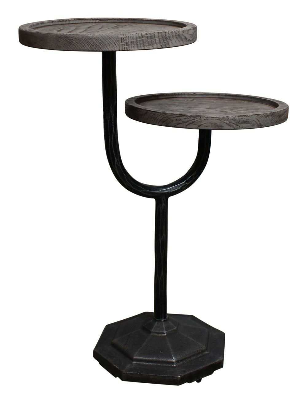 HomeRoots 19" Rustic Round Double Tray End Table with Solid Wood Top and Durable Black Iron Base for Versatile Use 571199
