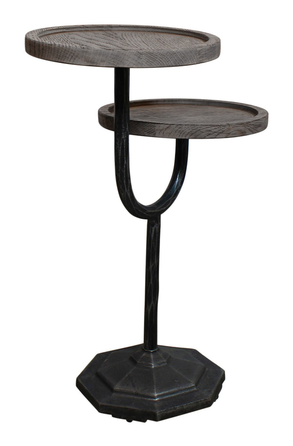 HomeRoots 19" Rustic Round Double Tray End Table with Solid Wood Top and Durable Black Iron Base for Versatile Use 571199
