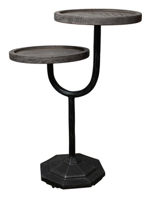 HomeRoots 19" Rustic Round Double Tray End Table with Solid Wood Top and Durable Black Iron Base for Versatile Use 571199