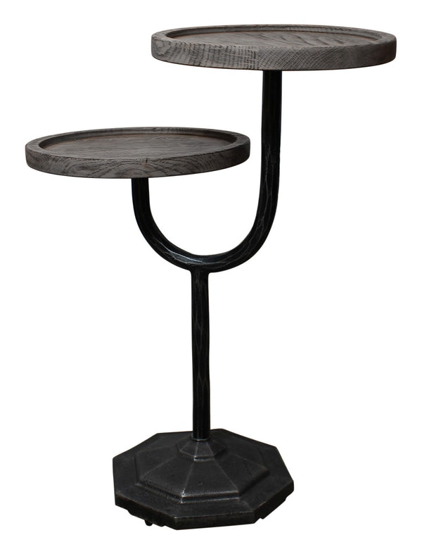 HomeRoots 19" Rustic Round Double Tray End Table with Solid Wood Top and Durable Black Iron Base for Versatile Use 571199