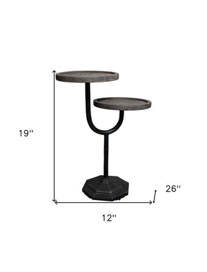 HomeRoots 19" Rustic Round Double Tray End Table with Solid Wood Top and Durable Black Iron Base for Versatile Use 571199